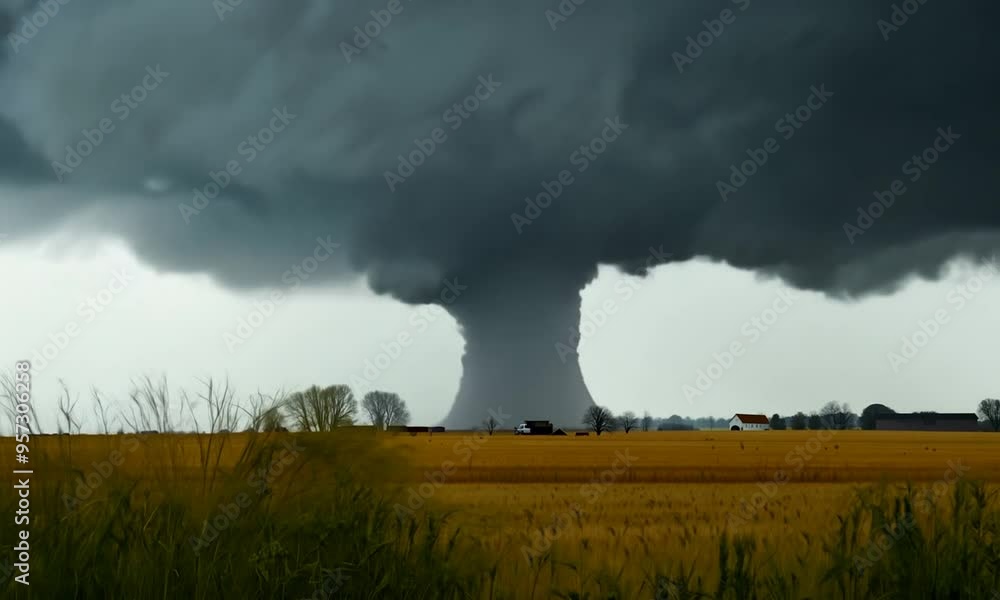 A tornado touching down in a flat prairie, with debris being lifted and swirling around A tornado touching down in a flat prairie, with debris being lifted and swirling around