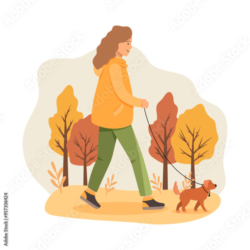 Happy girl walking with dog at autumn park. Vector illustration in flat style. Rest and mental health concept