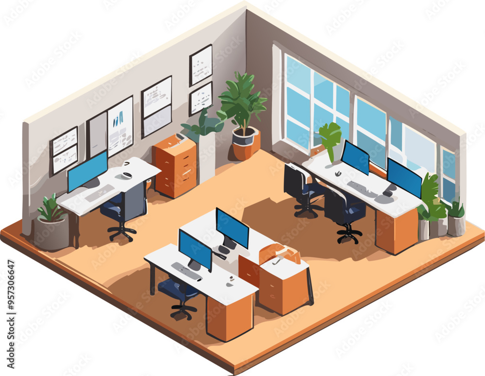 Vector isometric workplace in modern office composition. Business center floor illustration Vector isometric workplace in modern office composition. Business center floor illustration