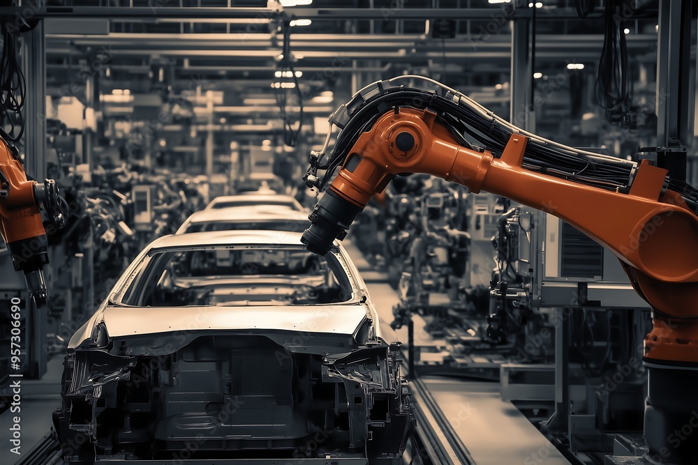Advanced Robotic Car Assembly Line in Modern Manufacturing Facility, High-Tech Automated Vehicle Production Process Advanced Robotic Car Assembly Line in Modern Manufacturing Facility, High-Tech Automated Vehicle Production Process