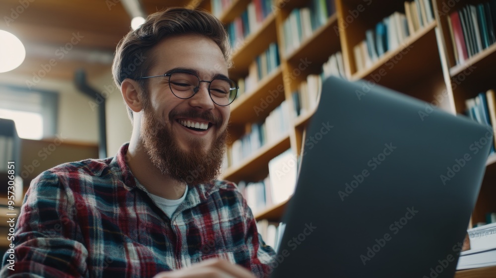 Happy Young Man Working on Laptop in Library Happy Young Man Working on Laptop in Library