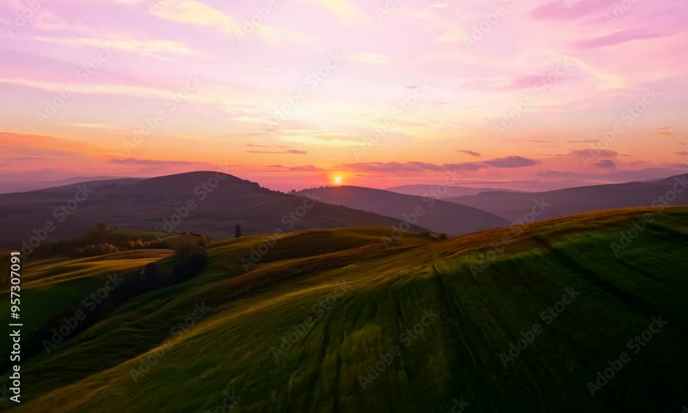 A vibrant sunset casting long shadows over rolling hills, with colorful clouds in the sky A vibrant sunset casting long shadows over rolling hills, with colorful clouds in the sky