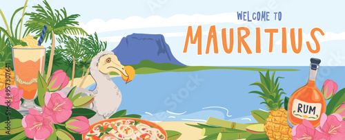 View from the beach to the panorama of Mauritius island and Le Morne Brabant mountain. Dodo bird, flowers trochetia boutoniana, pineapple, rum, cocktail. Vector landmarks in flat style. Paradise.