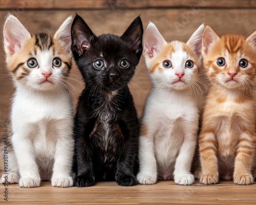 Endearing group of young kittens and puppies, each with distinct fur patterns, lined up on a wooden floor, evoking warmth and affection