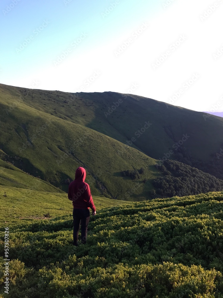 Fototapeta premium person in red hoodie walking on a mountain
