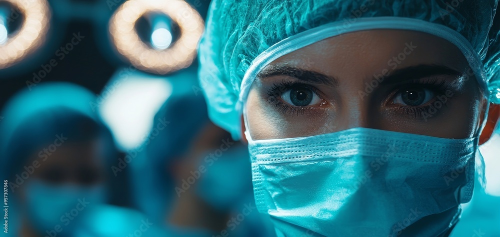 Focused surgeon making eye contact during a critical operation, surrounded by her team, the intensity of the operating room captured in her gaze Focused surgeon making eye contact during a critical operation, surrounded by her team, the intensity of the operating room captured in her gaze