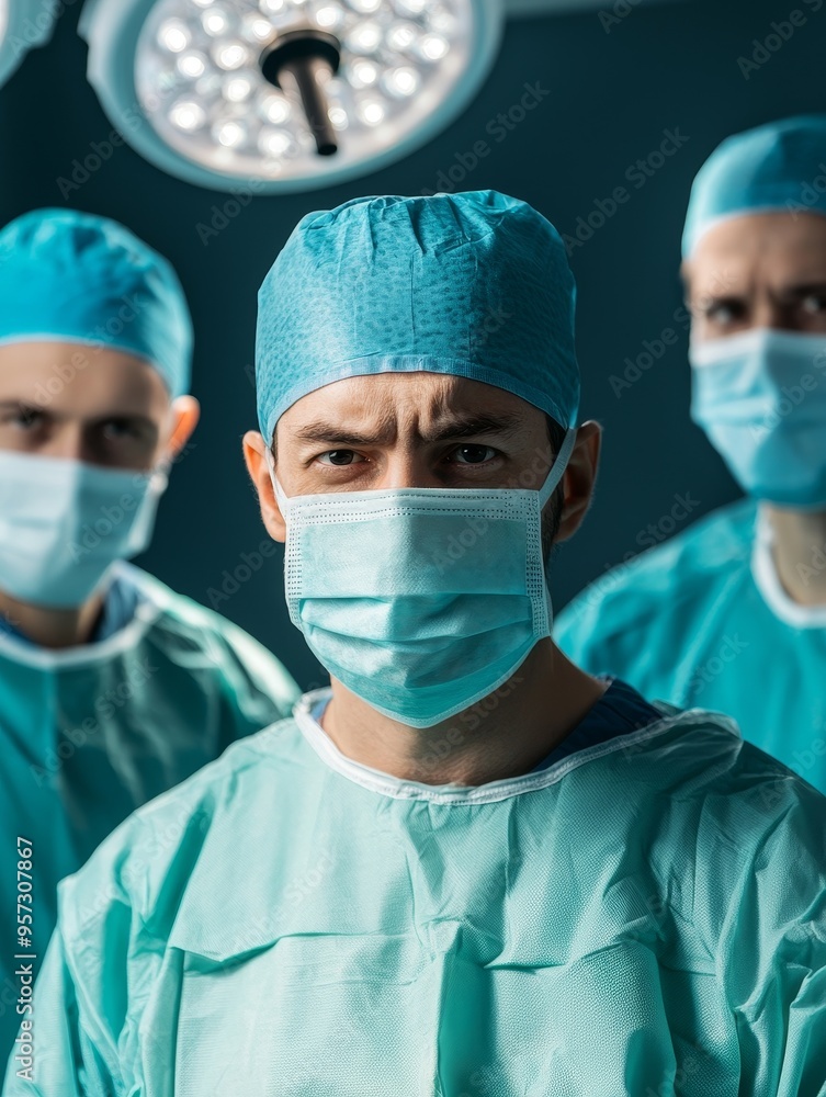 Focused surgical team working under bright operating lights, the surgeons in full scrubs and masks, performing a delicate procedure Focused surgical team working under bright operating lights, the surgeons in full scrubs and masks, performing a delicate procedure