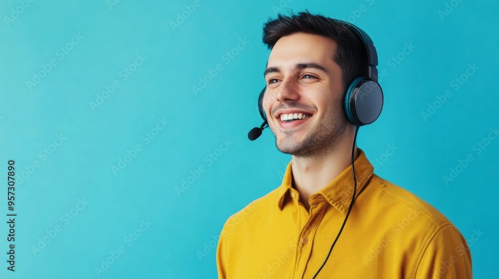 Smiling Young Man with Headset on Blue Background Smiling Young Man with Headset on Blue Background