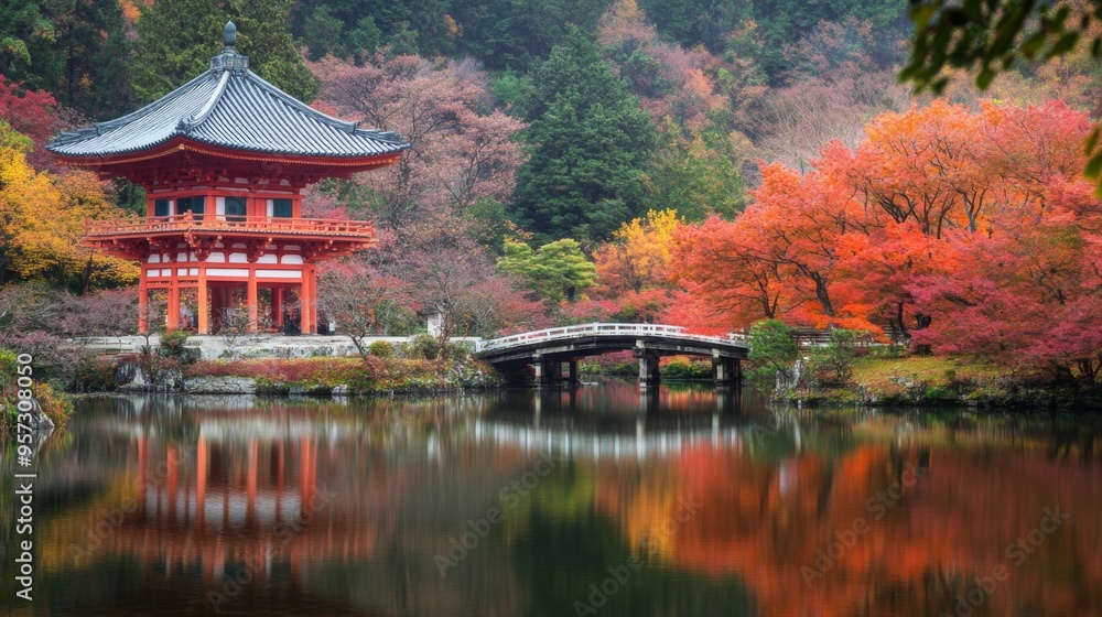 Obraz premium Serene Autumn Landscape with Traditional Japanese Architecture