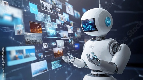 Wallpaper Mural A 3D search engine robot curating a gallery of floating images and text, symbolizing personalized search results Torontodigital.ca