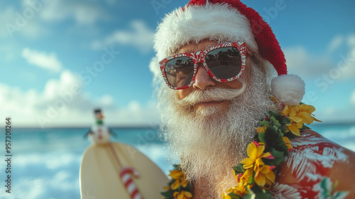 Funny stylish santa claus surfer with surfboard on turquoise ocean sea summer beach