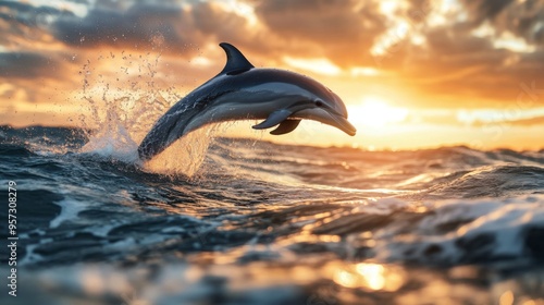 A dolphin performing a graceful spin in mid-air above the water, with a beautiful sunset casting golden hues across the ocean and reflecting off the dolphin's wet skin. photo