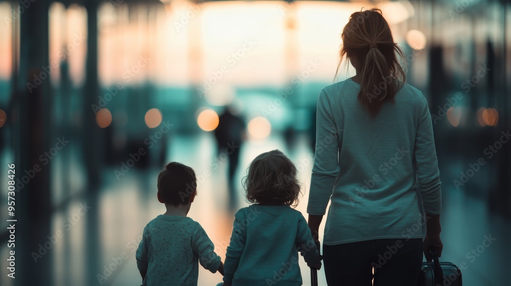 A mother holds hands with her two small children in an airport terminal, symbolizing travel, family bonds, new adventures, and the anticipation of journeys together, standing with luggage. A mother holds hands with her two small children in an airport terminal, symbolizing travel, family bonds, new adventures, and the anticipation of journeys together, standing with luggage.