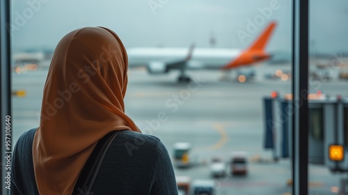 Muslim woman in traditional dress at the airport watching the plane. Arab culture. Arab women's rights.