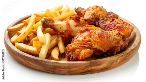 Fried chicken and French fries on wooden plate, delivery foods isolated on white transparent background