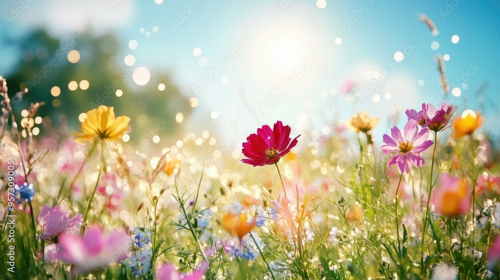 Colorful flower meadow with sunbeams and blue sky and bokeh lights in summer Colorful flower meadow with sunbeams and blue sky and bokeh lights in summer