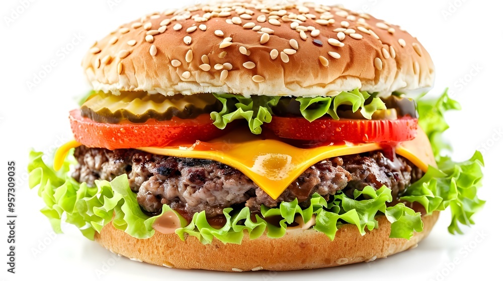 Big fresh burger with cheese, tomato, lettuce, pickles and mayonnaise isolated on white background Big fresh burger with cheese, tomato, lettuce, pickles and mayonnaise isolated on white background