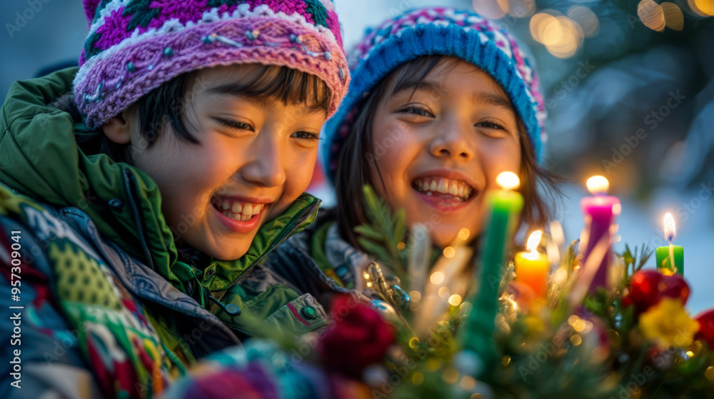 Multicultural Christmas Celebration with Children Lighting Candles and Smiling Joyfully Multicultural Christmas Celebration with Children Lighting Candles and Smiling Joyfully