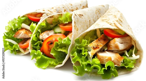 Tortilla wrap with fried chicken meat and vegetables isolated on white background