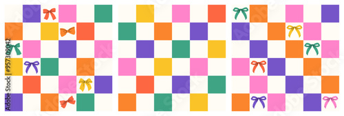 Set of groovy checkered patterns in vibrant colors like pink, purple, orange, green, and yellow with rainbow bows. Y2k gingham backdrop.  Trendy hair braiding accessory.  Celebrating LGBT pride.