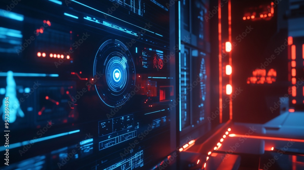 A glowing AI-powered security system with real-time monitoring and predictive threat analysis, symbolizing safety through technology A glowing AI-powered security system with real-time monitoring and predictive threat analysis, symbolizing safety through technology