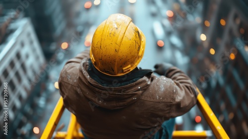 Photograph of a worker in a yellow hard hat and brown jacket leaning back on scaffolding, gazing at the city below, with snowflakes adding a touch of winter charm to the scene. photo