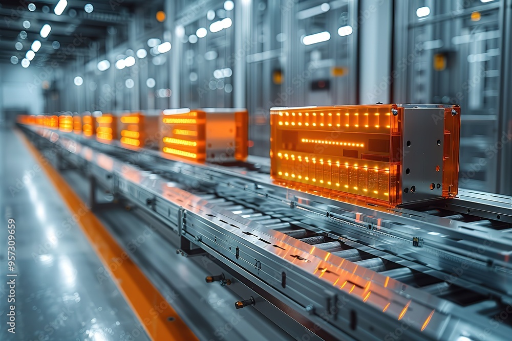 A conveyor belt with orange boxes on it A conveyor belt with orange boxes on it