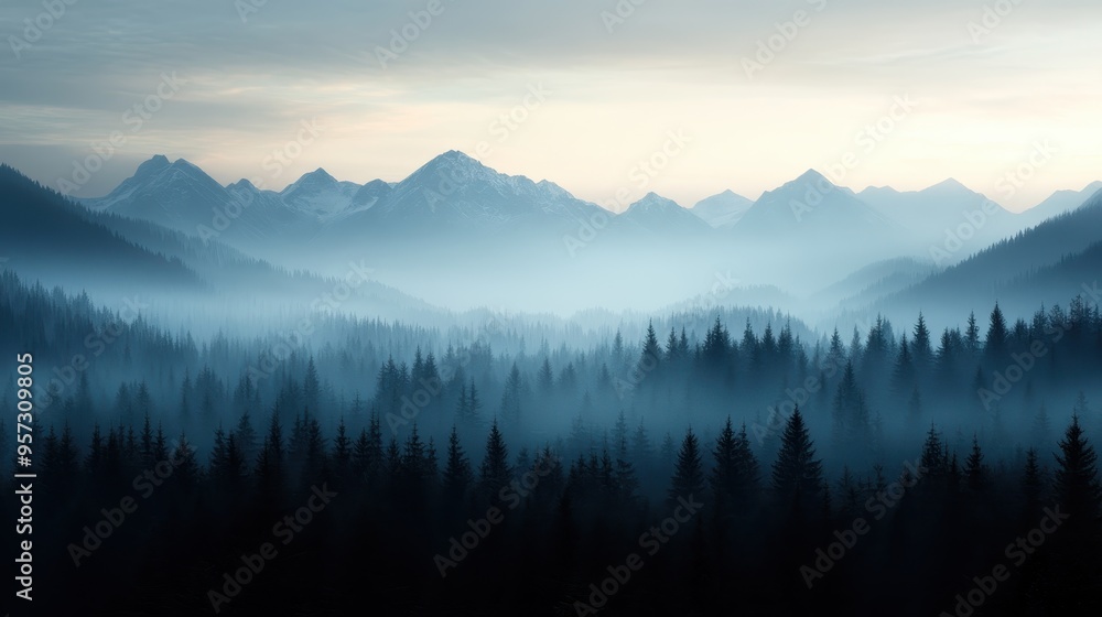 Vast pine forests shrouded in early morning mist with distant hills creating a dreamy, tranquil, and eerie setting as the night gives way to the first light of dawn. Vast pine forests shrouded in early morning mist with distant hills creating a dreamy, tranquil, and eerie setting as the night gives way to the first light of dawn.