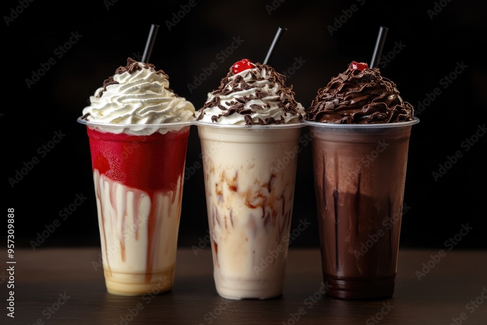 Three Delicious Milkshakes with Various Toppings on Dark Surface Three Delicious Milkshakes with Various Toppings on Dark Surface