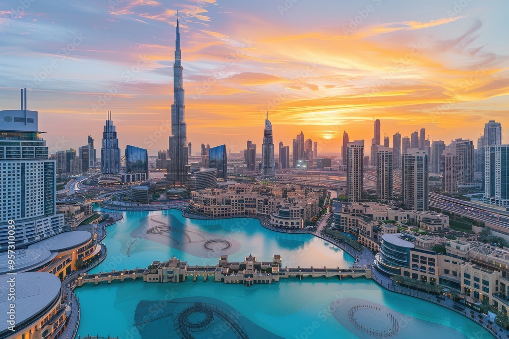 Obraz premium Dubai Aerial View. Beautiful Architecture of Dubai Downtown at Sunset