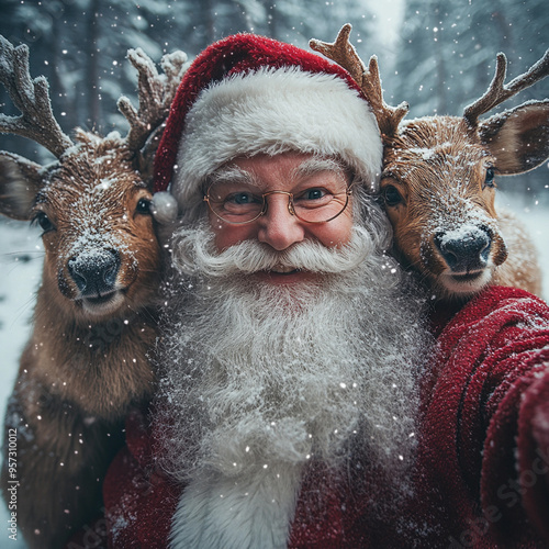 Funny santa claus grandpa making selfie with his reindeer modern lifestyle illustration, Merry Christmas