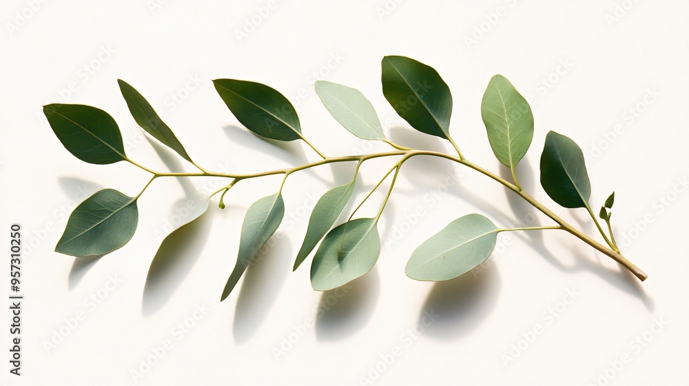 A minimalist still life of eucalyptus leaves on a white background, with soft shadows creating a sense of depth A minimalist still life of eucalyptus leaves on a white background, with soft shadows creating a sense of depth