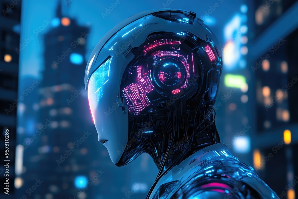 High-Tech AI Robot with Neon Backdrop in Futuristic City High-Tech AI Robot with Neon Backdrop in Futuristic City