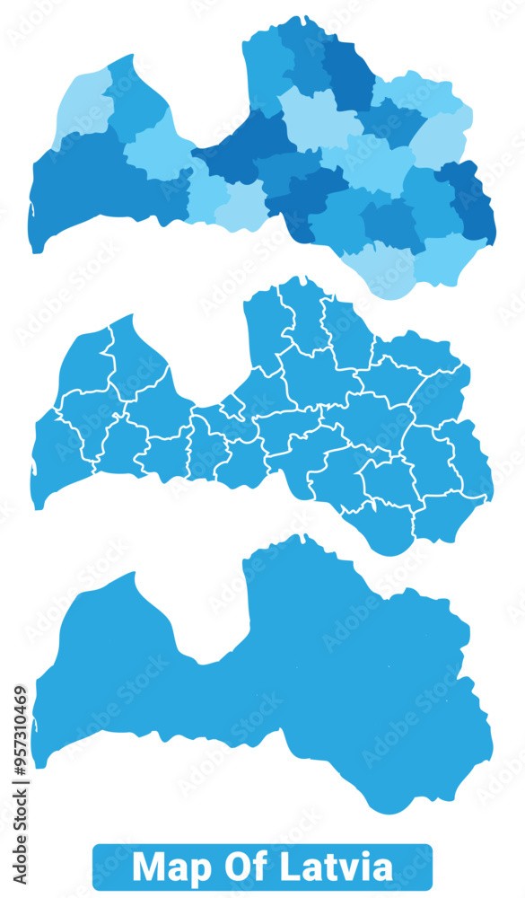 Vector Blue Latvia political maps with borders regions simple flat illustration set Vector Blue Latvia political maps with borders regions simple flat illustration set