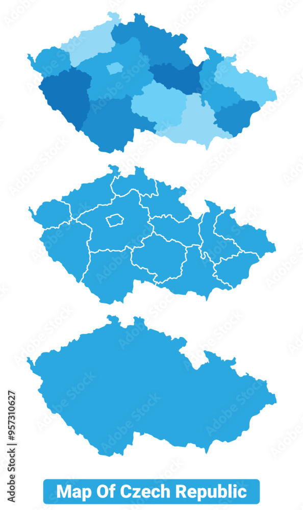 Vector Blue Czech Republic political maps with borders regions simple flat illustration set Vector Blue Czech Republic political maps with borders regions simple flat illustration set