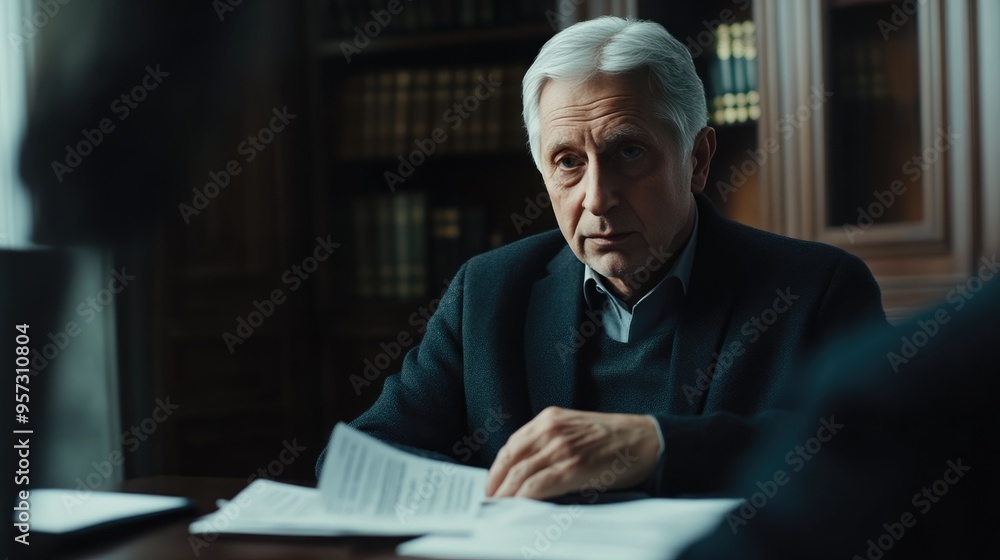 Gray-Haired Elder Discusses Will and Legal Matters in Tense Office Meeting Gray-Haired Elder Discusses Will and Legal Matters in Tense Office Meeting