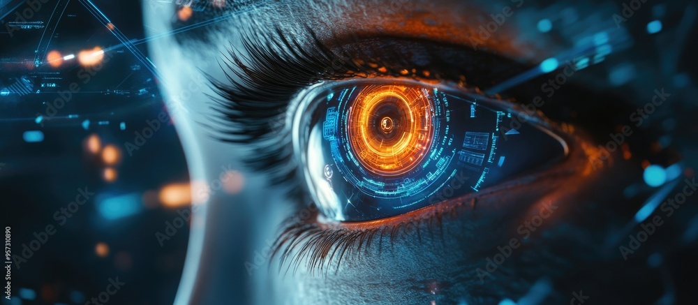 2D digital illustration of an eye analyzing a futuristic interface 2D digital illustration of an eye analyzing a futuristic interface