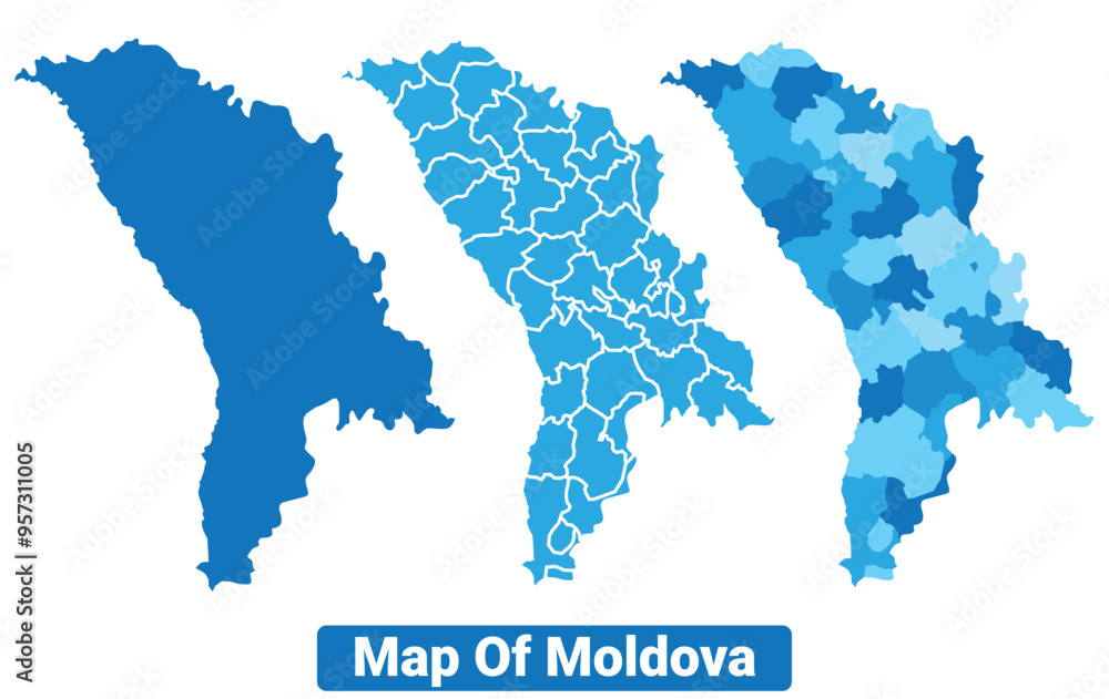 Vector Blue Moldova political maps with borders regions simple flat illustration set Vector Blue Moldova political maps with borders regions simple flat illustration set