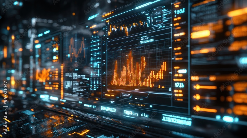 Stock market indicators displayed on a futuristic digital interface