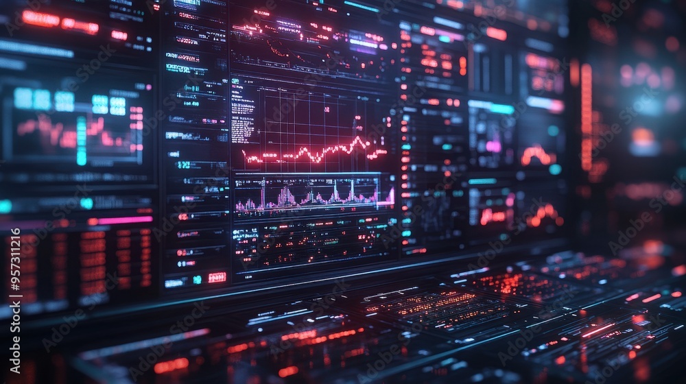 Stock market indicators displayed on a futuristic digital interface Stock market indicators displayed on a futuristic digital interface