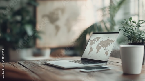 A laptop sits on a wooden desk surrounded by plants and natural elements, emphasizing a blend of technology and nature in a modern, eco-friendly workspace.