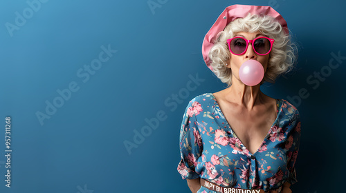 Senior Woman wearing pink hat and sunglasses blowing bubble gum