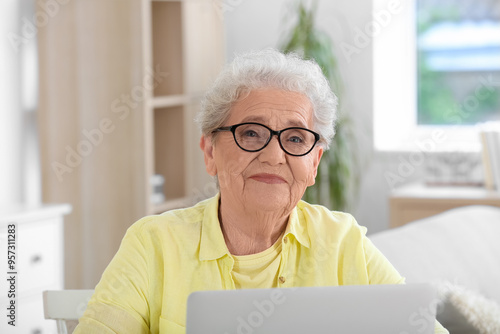Senior woman using laptop a...