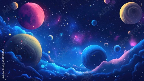 Fototapeta Naklejka Na Ścianę i Meble -  2D illustration of a cartoon style cosmic background Deep space scene featuring stars planets and moons A variety of imaginative science fiction backdrops and space themed art