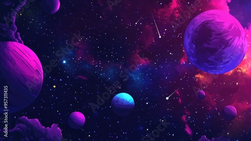 2D illustration of a cartoon style cosmic background Features deep interstellar space with stars planets and moons creating various imaginative science fiction scenes