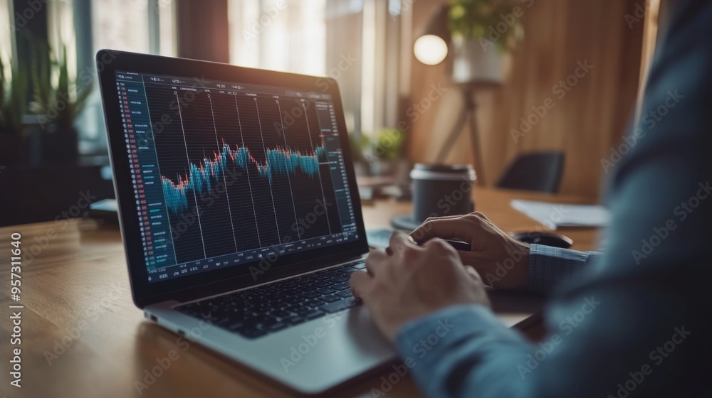 A financial analyst working on a laptop with a screen displaying a complex, multi-line graph, set in a corporate environment with modern office decor. A financial analyst working on a laptop with a screen displaying a complex, multi-line graph, set in a corporate environment with modern office decor.