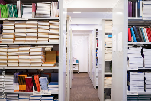 Library aisle with shelves filled with books photo