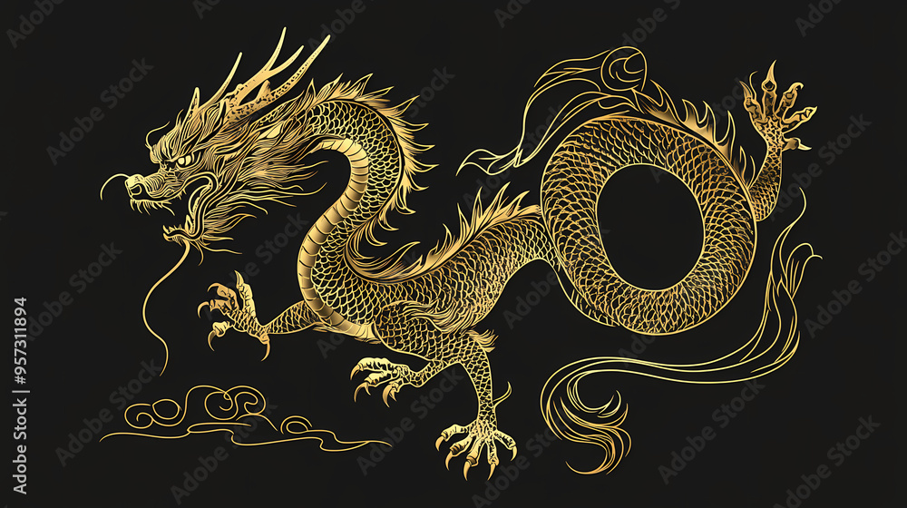 Fototapeta premium Dragon illustration with golden color outline, no background, suitable for any element, template, tattoo, decoration, screen printing, sticker, backdrop. chinese new year element. Dragon. Illustration