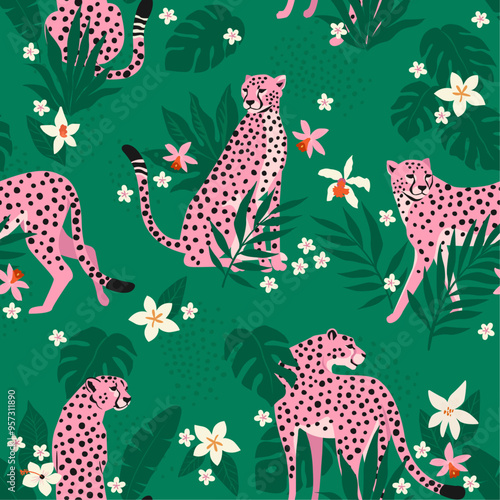Vector seamless pattern with pink leopards, flowers, and tropical leaves. Trendy style.