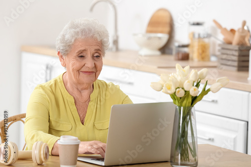 Senior woman using laptop i...